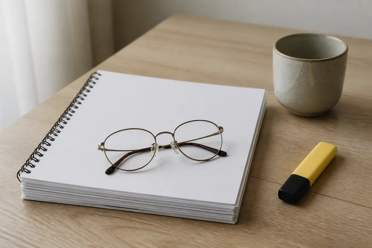 Pile de documents et lunettes posées sur un bureau clair