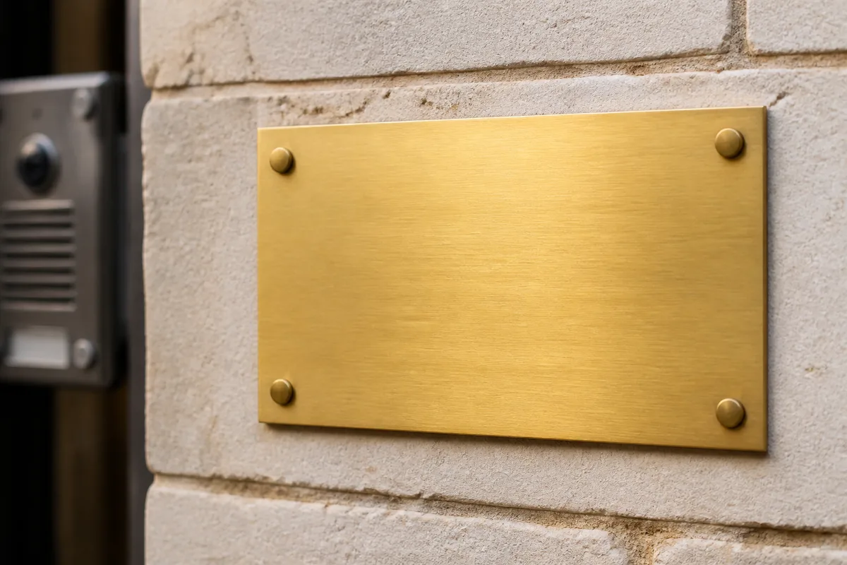Plaque professionnelle vierge sur une façade en pierre claire