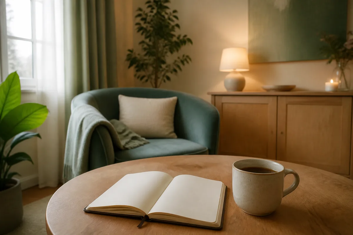 Tasse de café et carnet sur une table, lumière douce du matin