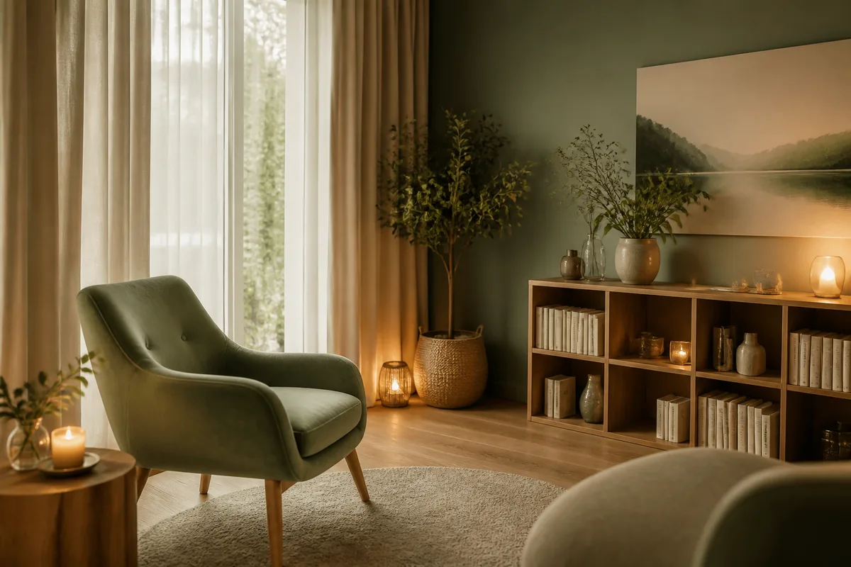 Deux fauteuils et une lumière douce dans une pièce calme aménagée pour un entretien