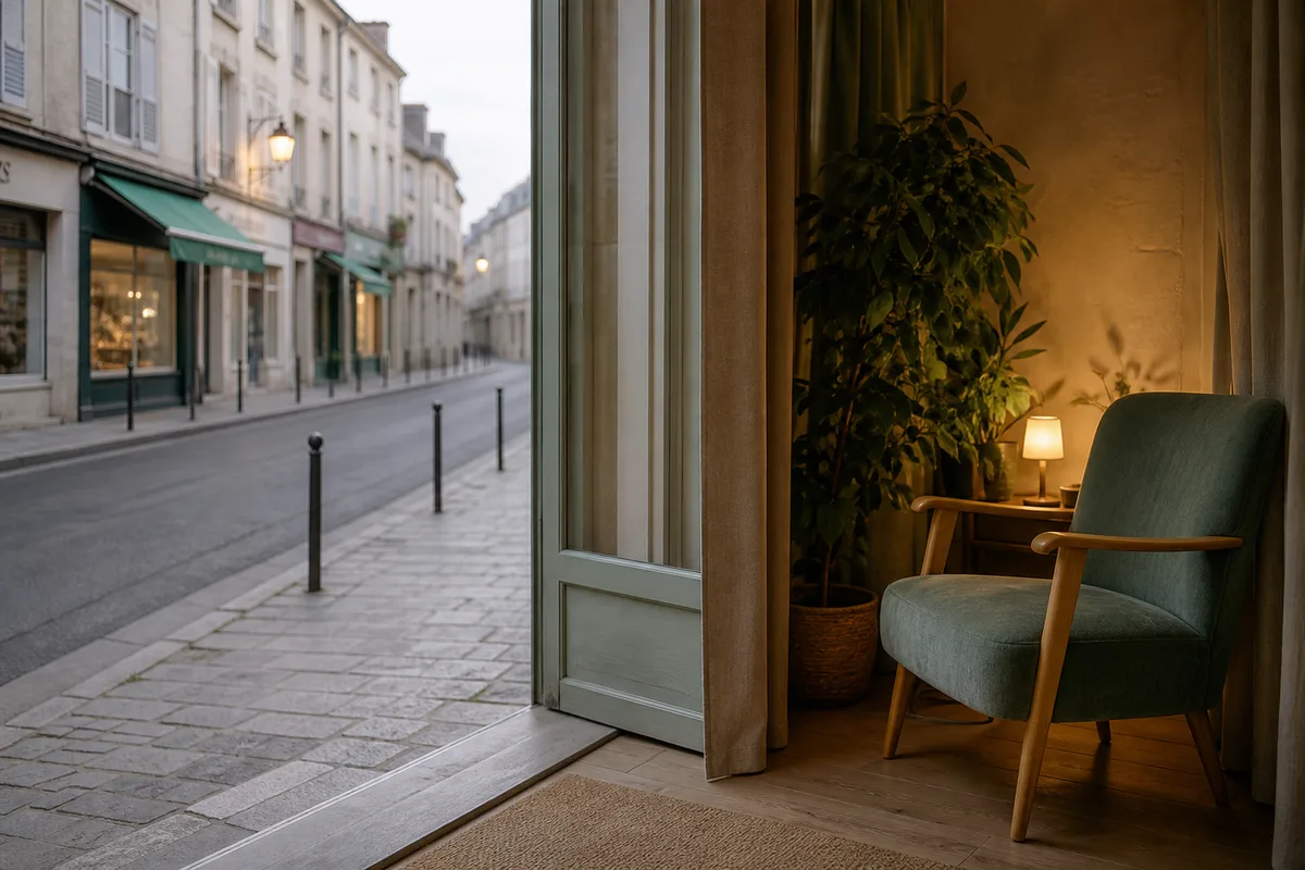 Rue commerçante d&rsquo;une ville moyenne des Deux-Sèvres au petit matin