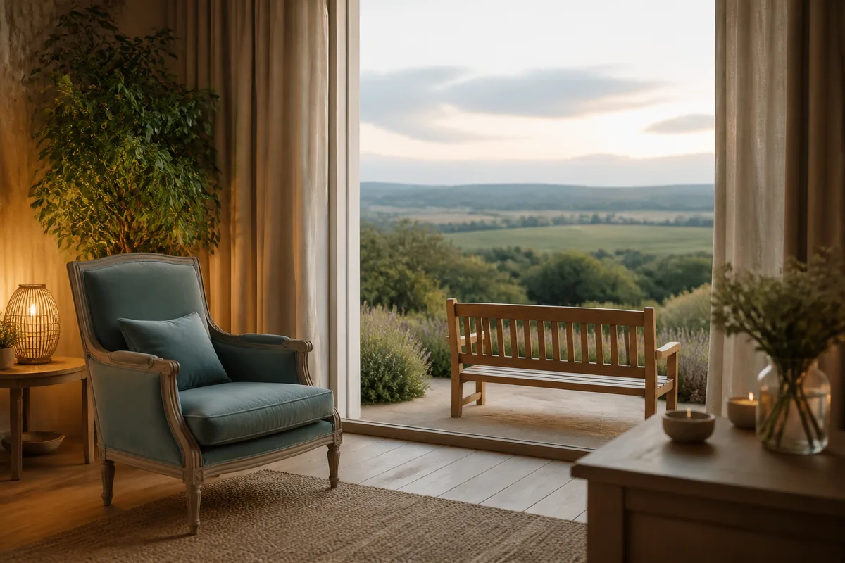 Banc de bois vide face à un paysage dégagé en fin de journée