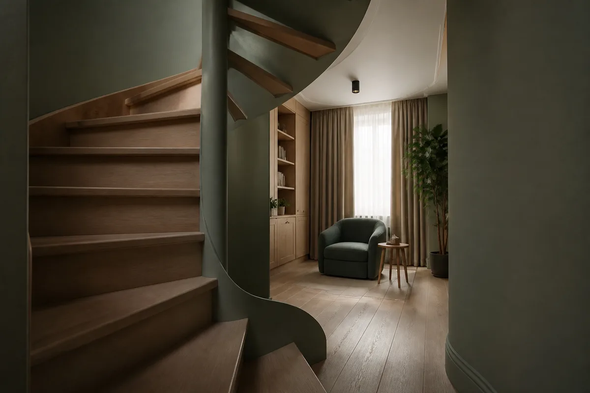 Escalier en colimaçon vu depuis le bas dans une lumière tamisée