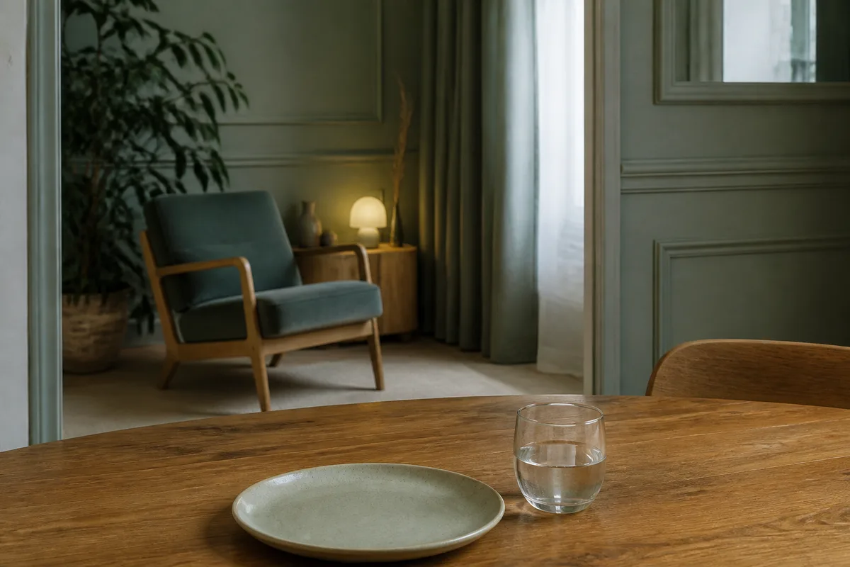 Table de cuisine en bois avec une assiette vide et un verre d’eau