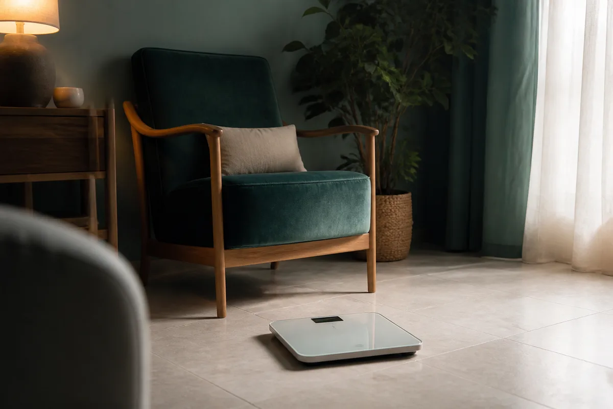 Balance de salle de bain posée sur un carrelage clair