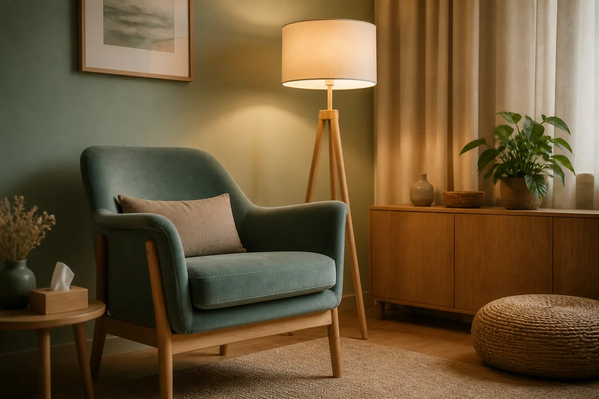 Fauteuil et lampe dans une pièce calme aux tons chauds