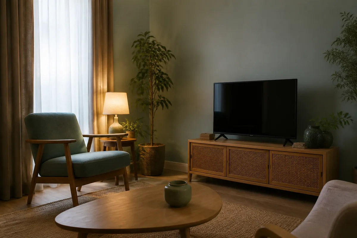 Écran de télévision éteint dans un salon vide en fin de journée