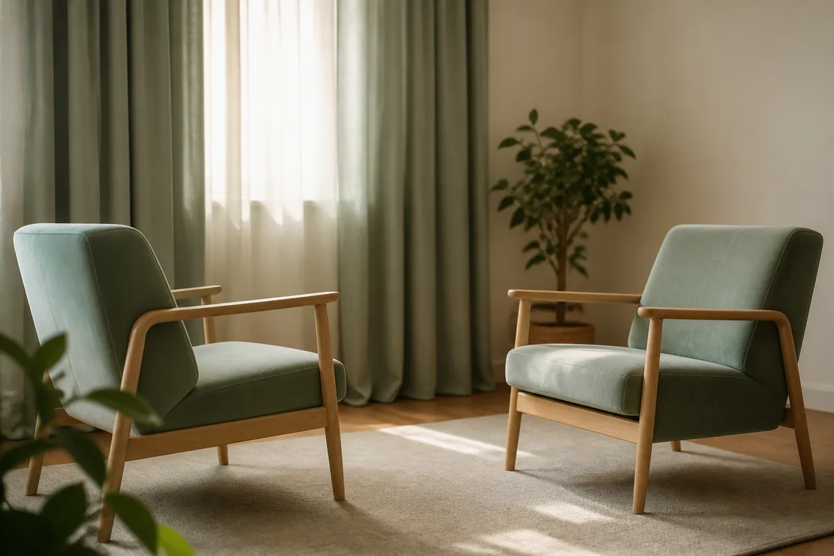 Deux fauteuils face à face dans une pièce lumineuse et sobre