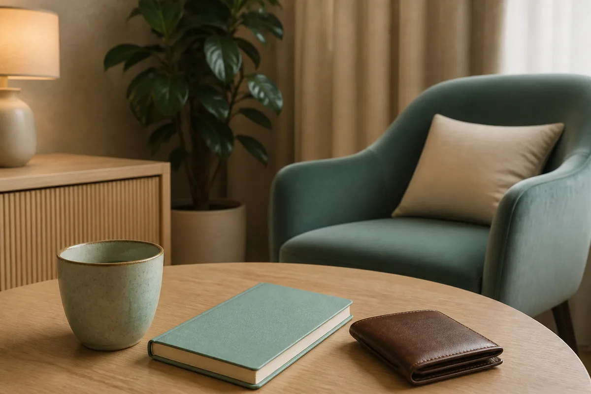 Portefeuille et agenda posés sur une table près d&rsquo;une tasse